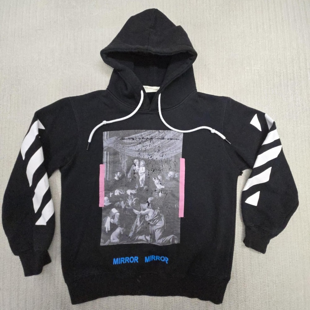 Off-White Hoodie Men Medium Black Mirror Mirror Arrows Caravaggio Graphic Fleece